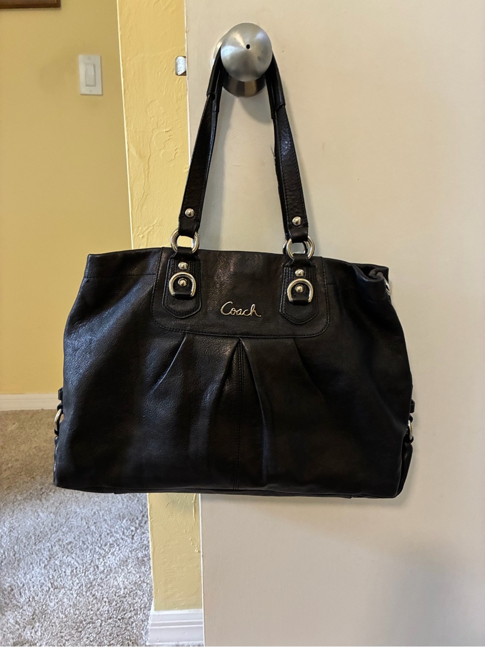 Coach Black Leather Shoulder Tote with Polished Hardware with purple interior